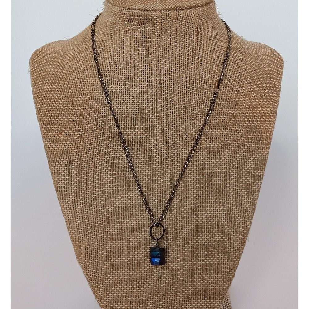 Dainty Genuine Labradorite Pendant Necklace Figaro Chain 16 in
